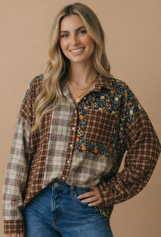 Curvy Mixed Print Patchwork Oversized Shirt