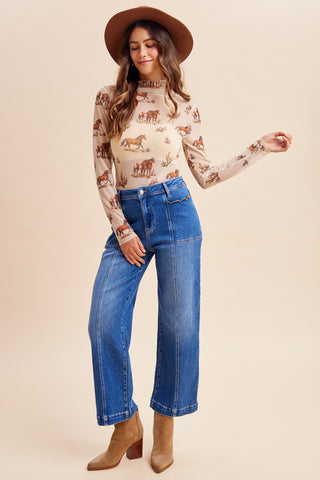 Horse Print LS Mock Neck Mesh Top
