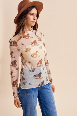 Horse Print LS Mock Neck Mesh Top