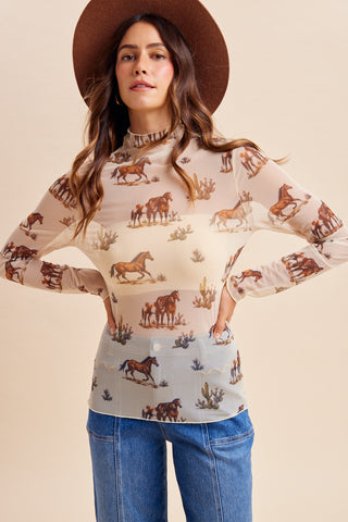 Horse Print LS Mock Neck Mesh Top