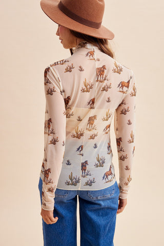 Horse Print LS Mock Neck Mesh Top