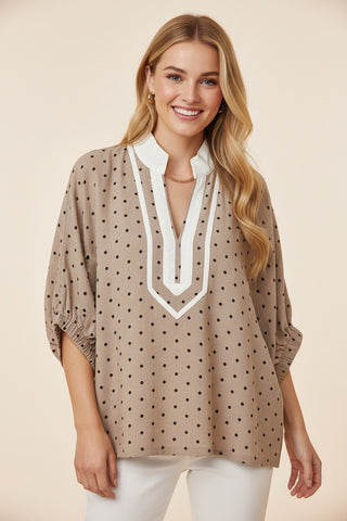 Taupe Curvy Polka Dot Contrast Bib Puff Sleeve V-Neck Blouse