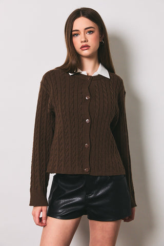 Cable Knit Boxy Crew Neck Cardigan