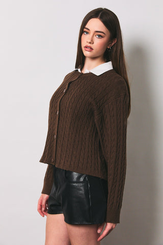 Cable Knit Boxy Crew Neck Cardigan