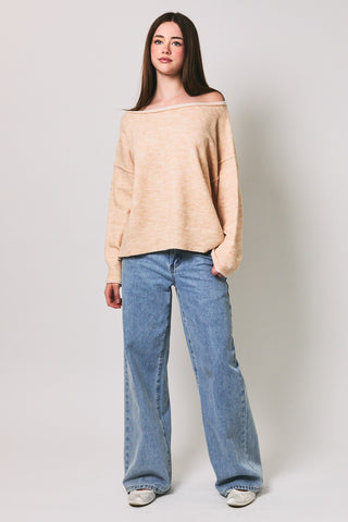 Boat Neck Contrast Trim Light Pink Sweater