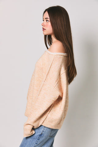 Boat Neck Contrast Trim Light Pink Sweater
