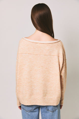 Boat Neck Contrast Trim Light Pink Sweater