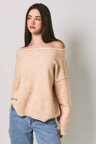 Boat Neck Contrast Trim Light Pink Sweater
