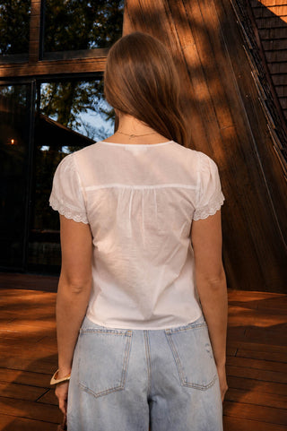 Scalloped Embr Front Tie Lace Trim Top
