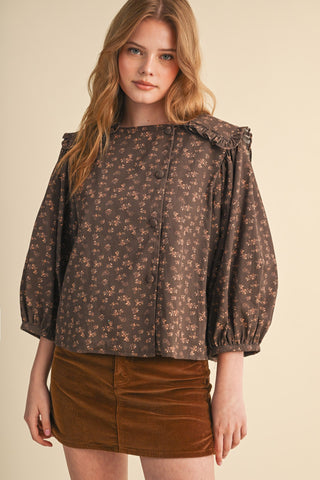 Floral Top With Ruffled Sailor Collar