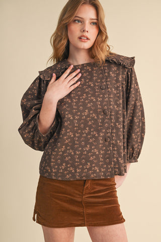Floral Top With Ruffled Sailor Collar