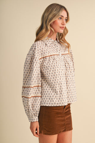 Floral Lace Trim Button Up Top