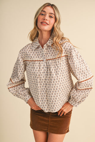 Floral Lace Trim Button Up Top