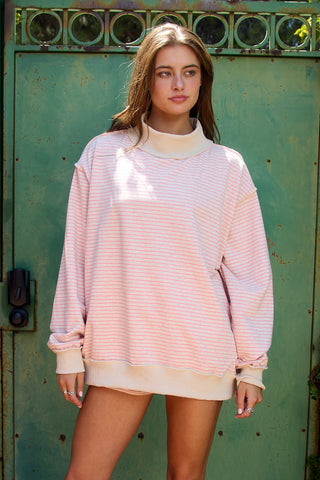 Stripe Print Mock Neck Oversized Sweatshirt