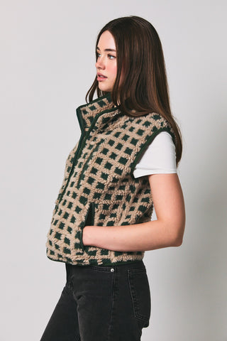 Gingham Sherpa Fleece Zip Up Collared Vest