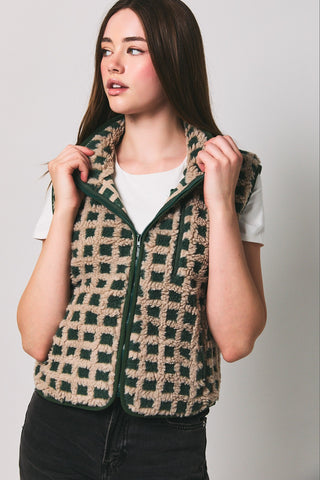 Gingham Sherpa Fleece Zip Up Collared Vest