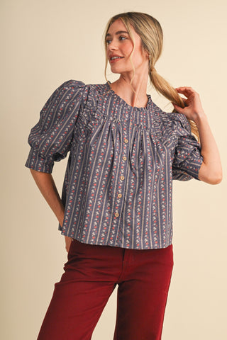 Petal & Stripe Short Sleeve Blouse - front view with ruffle neckline
