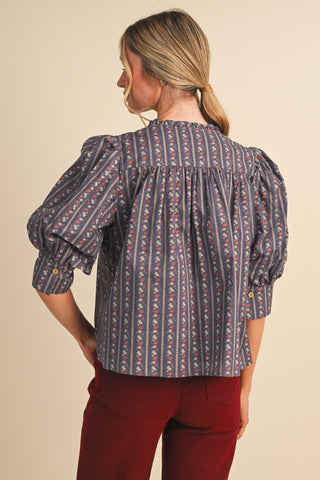 Petal & Stripe Short Sleeve Blouse - back view showing puff sleeves