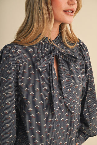 Floral Striped Blouse W/Bow Tying Detail