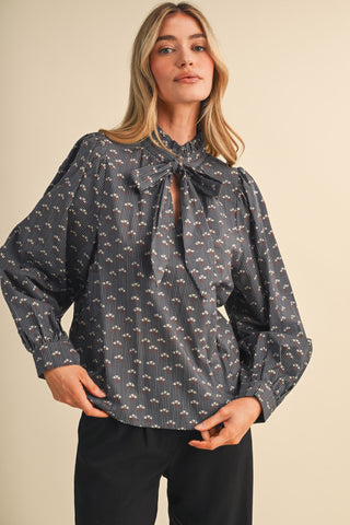 Floral Striped Blouse W/Bow Tying Detail