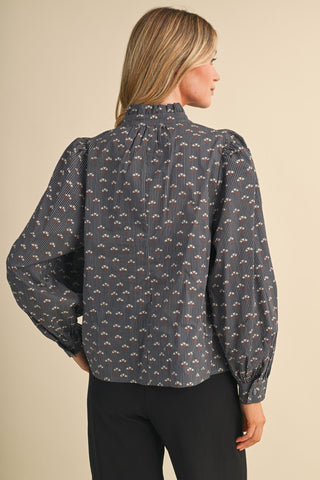Floral Striped Blouse W/Bow Tying Detail