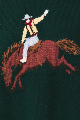 Long Sleeve Crew Neck Cowboy Graphic Oversized Sweater in Hunter Green - detail