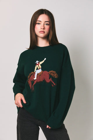 Long Sleeve Crew Neck Cowboy Graphic Oversized Sweater in Hunter Green - front