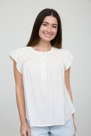 Ruffled Yoke SS Henley Blouse
