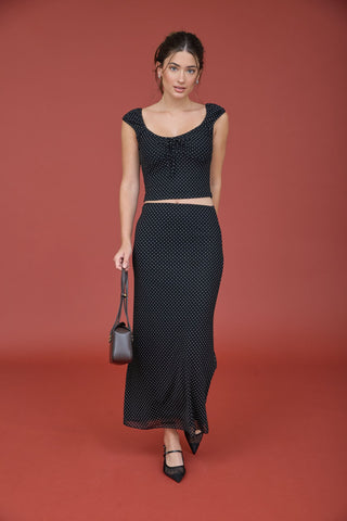 Polka Dot Mesh Pencil Midi Skirt