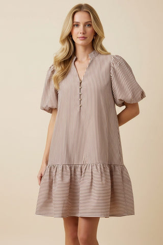 Vertical Stripe Puff Sleeve Tiered Mini Shirt Dress