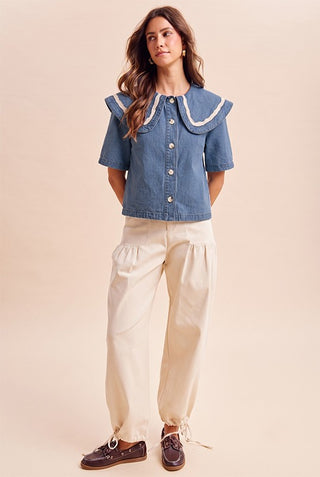 Embroidered Contrast Sailor Collar Denim Jacket | JQ Clothing Co.