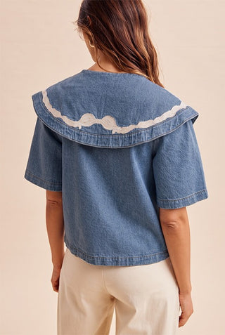 Embroidered Contrast Sailor Collar Denim Jacket