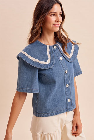 Embroidered Contrast Sailor Collar Denim Jacket