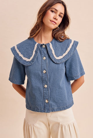 Embroidered Contrast Sailor Collar Denim Jacket