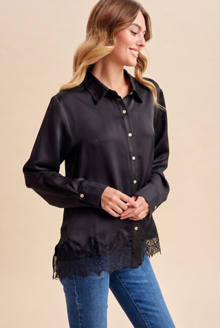 Lace Hem Detail Satin Loose Fit Shirt in black