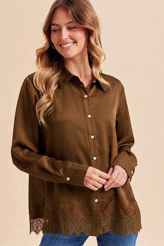 Lace Hem Detail Satin Loose Fit Shirt in olive