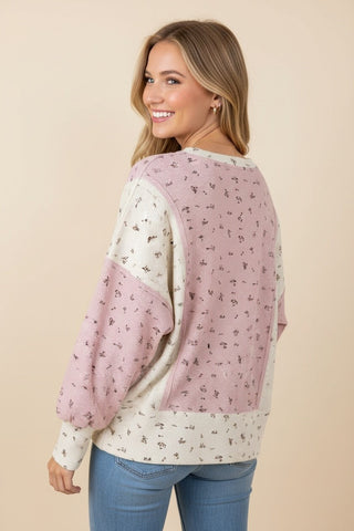 Pink Floral Colorblock Waffle Knit Balloon Sleeve Top