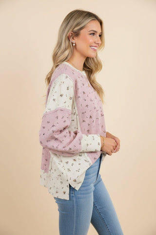Pink Curvy Floral Colorblock Waffle Knit Balloon Sleeve Top