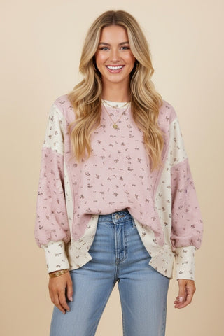Pink Curvy Floral Colorblock Waffle Knit Balloon Sleeve Top