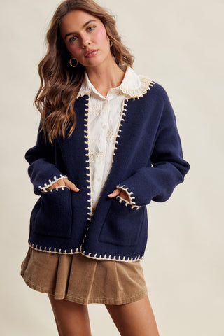 Contrast Whipstitch Knit Cardigan