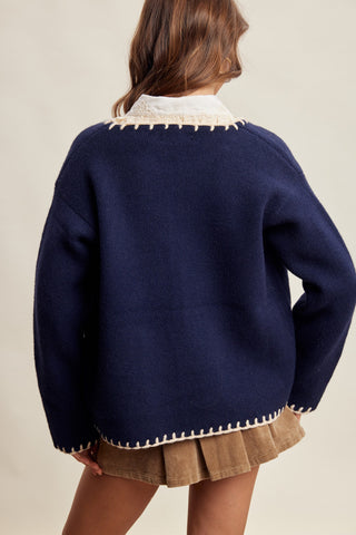 Contrast Whipstitch Knit Cardigan
