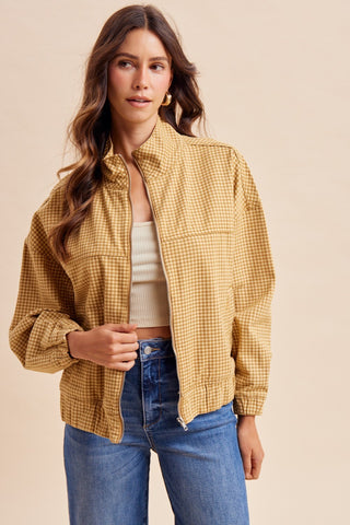 Gingham Stand Collar Zip Up Jacket