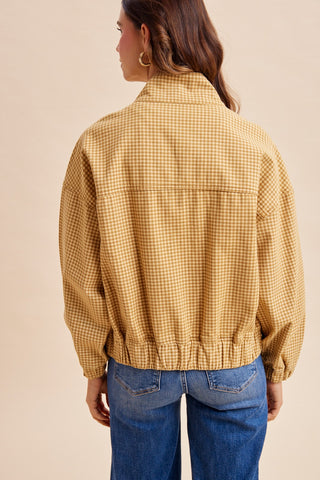 Gingham Stand Collar Zip Up Jacket