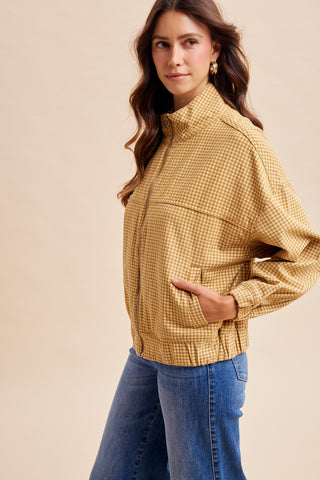 Gingham Stand Collar Zip Up Jacket