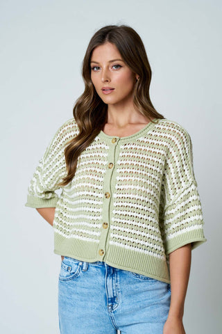 Stripe SS Crochet Knit Cardigan