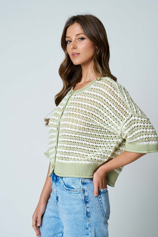 Stripe SS Crochet Knit Cardigan
