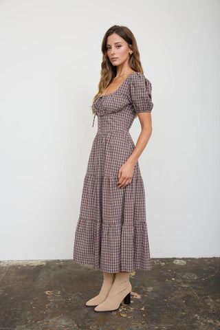 Plaid Corset Detail Tiered Midi Dress