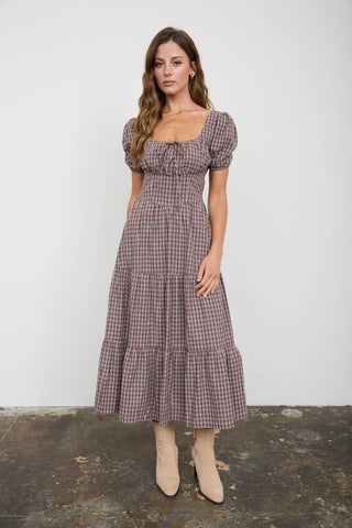 Plaid Corset Detail Tiered Midi Dress