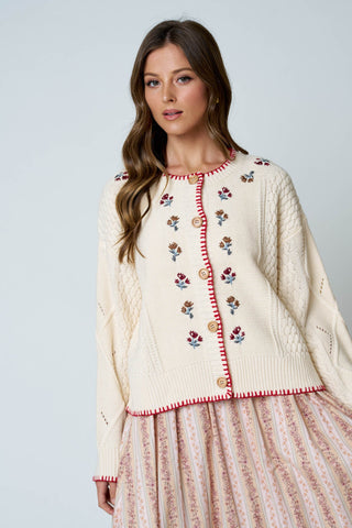 Floral Embroidery Contrast Stitch Cardigan