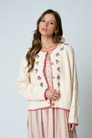 Floral Embroidery Contrast Stitch Cardigan